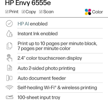HP Envy 6555e Wireless All-in-One Color Inkjet Printer, Portobello, Print, scan, copy, Duplex printing Best-for-home, 3 month Instant Ink trial included, AI-enabled (714N5A) (Renewed)