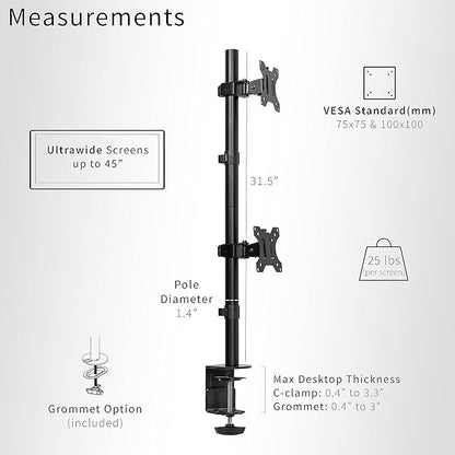 VIVO Dual Vertically Stacked Ultra-Wide Monitor Desk Mount, Extra Tall Heavy Duty Adjustable Stand for 2 Ultrawide Screens up to 45 inches, 25 lbs Per Screen Capacity, Black, STAND-V200R