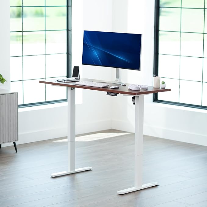 VIVO Electric 60 x 24 in Standing Desk, Memory Height Adjustment, 1B Series, One-Piece Dark Walnut Top, White Frame, DESK-KIT-1W6D