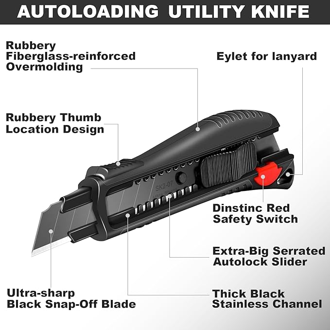 HAUTMEC Pro 18mm Black Auto-Lock Utility Knife Set Including 10pcs Ultra Sharp Black Snap-off Blades in Case, HT0094-KN