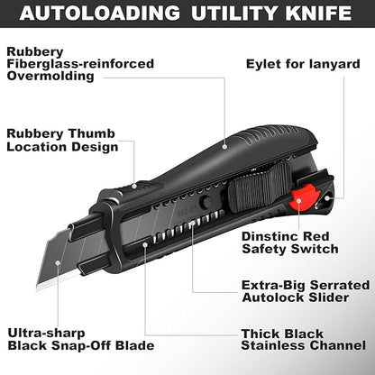HAUTMEC Pro 18mm Black Auto-Lock Utility Knife Set Including 10pcs Ultra Sharp Black Snap-off Blades in Case, HT0094-KN