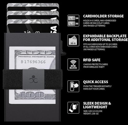 Slim Aluminum Card Holder Wallet for Men, Durable Expandable Backplate, RFID Blocking Minimalist Metal Pop Up Wallet, Holds 12+ Cards Plus Cash (Black)