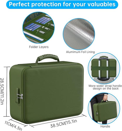 ENGPOW 5200°F Fireproof Document Bag with Lock, Upgraded Heat Insulated Fireproof＆Waterproof Box 8 Layers Document Organizer, Portable Home Travel Safe Storage Box for Important Files, Laptop,Green