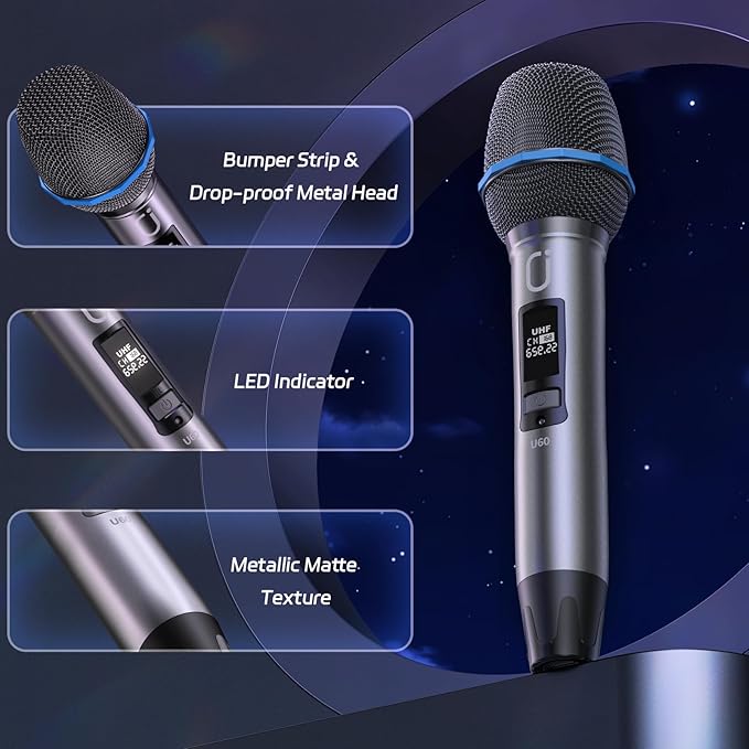 U60 Wireless Microphones, Dual UHF Microphone System with Rechargeable Receiver, Karaoke Microphone for Singing, Wedding, DJ, Party, Speech, Church, Class, 200ft