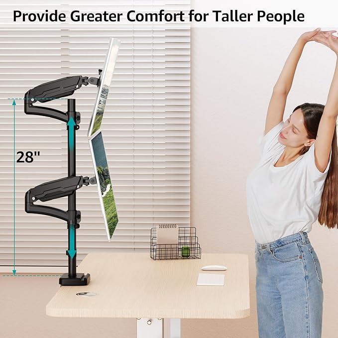 MOUNT PRO Vertical Dual Monitor Mount, Stacked Monitor Stand for 2 Computer Screens up to 32 inches, Fully Adjustable Gas Spring Display Desk Mount, Each Arm Holds up to 17.6lbs, VESA Mount