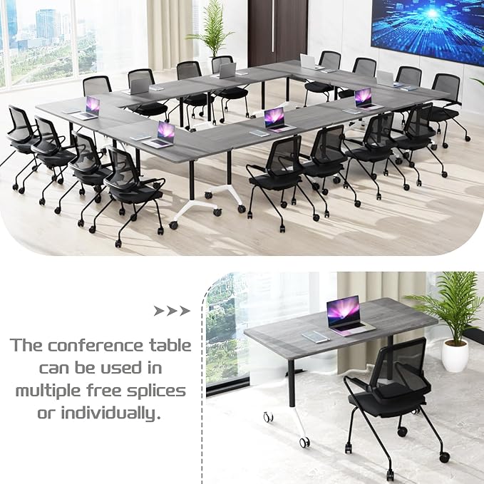 Conference Table,Folding Conference Table with Silent Wheels,Rectangular Business Conference Room Table,for Reception Offices Classrooms Meeting Training Room (4, Grey, 70.8in)