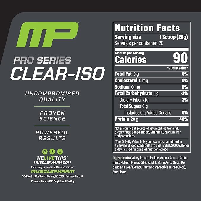 MusclePharm Pro Series Clear-ISO, Clear Protein Powder, 20g Fast-Acting Whey Isolate per Serving Plus BCAAs & L Glutamine | Pro-Grade Muscle Recovery & Growth | Cherry Slush, 1.14 lb, 20 Servings