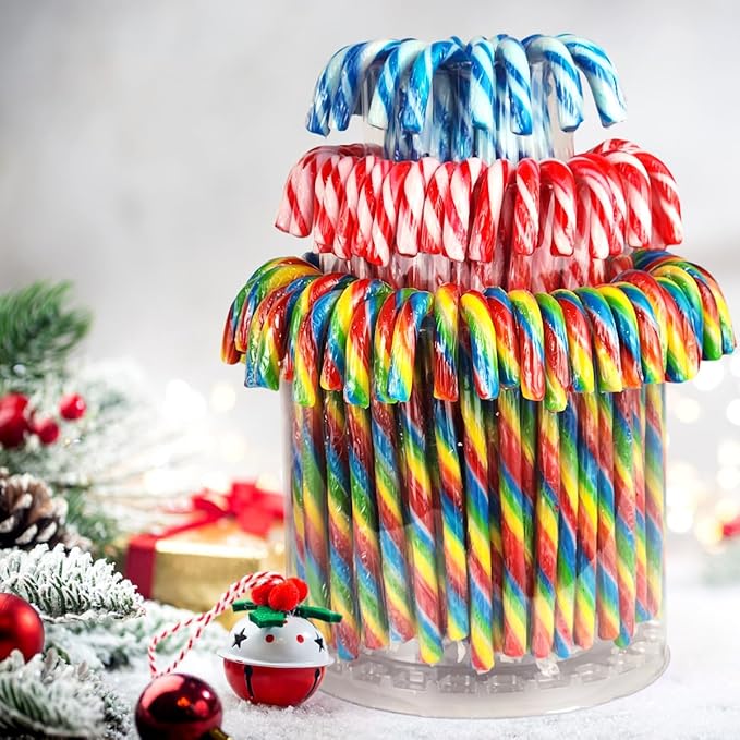 Christmas Candy Canes Tutti Frutti, Blue/White Peppermint, Red and White Cherry Mix Flavors - Bulk Candy Canes Individually Wrapped for Family Holiday Indulgement, Candy Cane Gift Set (100 Count)
