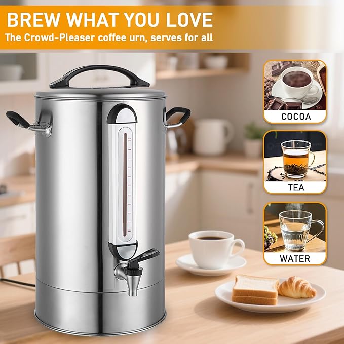 Commercial Coffee Urn | 120 Cup Large Coffee Maker | 20L Stainless Steel Commercial Coffee Machine Quick Brew 1300W | Hot Coffee Warmer Dispenser Double Wall Percolator for Catering, Offices, Church