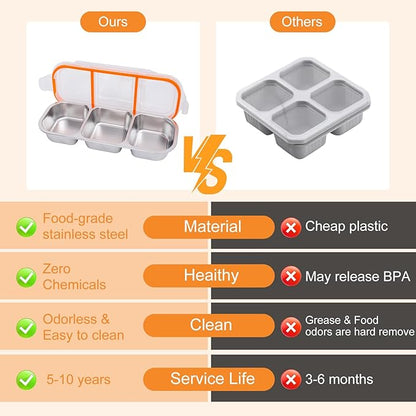 Stainless Steel Snack Containers with Lids, Reusable Condiment Storage Box, Divided Food Storage for School, Home, Travel, Multiple Compartment Leak-Proof Box (‎2 Compartment 3PCS)