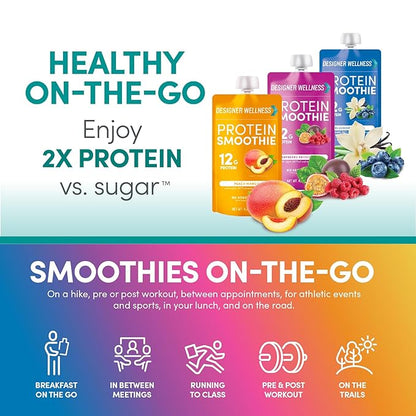 Designer Wellness Protein Smoothie, Real Fruit, 12g Protein, Low Carb, Zero Added Sugar, Gluten-Free, Non-GMO, No Artificial Colors or Flavors, Super Fruits Variety Pack, 12 Count