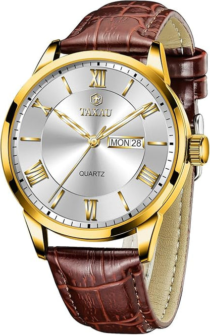 Mens Watches Luxury Dress Waterproof Leather Watch with Date Day Analog Quartz Large Number Wrist Watch Casual Classic Luminous Scales Big Face Easy Read Reloj para Hombre