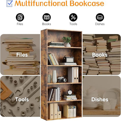 Bookshelf, 5 Tiers Wood Bookcase, 63 Inch Floor Standing Bookshelves, Open Storage Shelves for Books/Kits/Toys/CDs, Vintage Tall Shelf with Freestanding for Home Office Bedroom