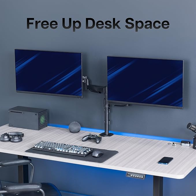 VIVO 17 to 32 inch Dual Pneumatic Monitor Mount, 2 Pneumatic Arms, Adjustable Swivel, Rotation, Heavy Duty VESA Desk Stand with C-clamp, Grommet, Max VESA 100x100, Black, STAND-V002K