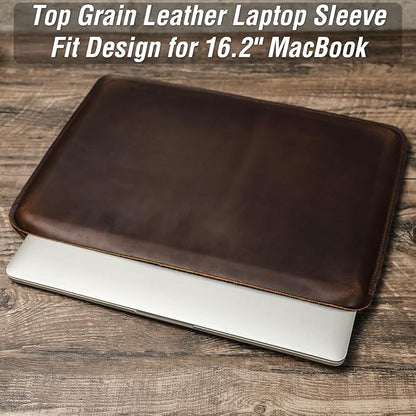 Top Grain Leather 16.2" Slim PC Sleeve Case, Solid Vintage Design, Handmade, Compatible with MacBook Pro 16.2" A2485 M1 Max 15" Touch Bar A2141 A1707 Pro 16" Touch ID A1990, Coffee 16.2 Inch