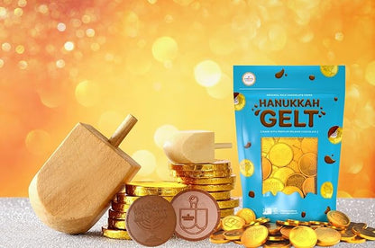 The Dreidel Company 25-Pack Premium Belgian Chocolate Gelt Milk Chocolate Coins, Gold Hanukkah Gelt, With Menorah And Dreidel Design (25 Coins)