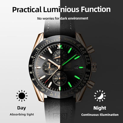 BY BENYAR Watch for Men Analog Quartz Chronograph Waterproof Luminous Designer Mens Wrist Watches Business Work Sport Casual Dress Watch with Silicone Strap Elegant Gifts for Men