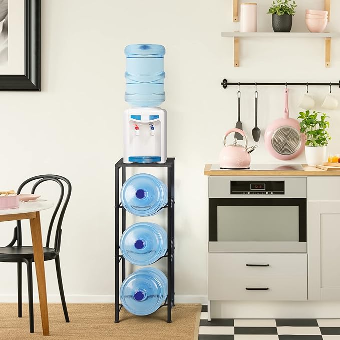 Water Bottle Holder Organizer 5 Gallon Water Jug Stand with Shelves, 3-Tier Water Bottle Dispenser Stand for Kitchen Living Room Office, Black
