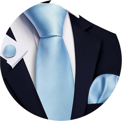 Barry.Wang Tie Sets for Men Silk Solid Necktie Stain Ties Handkerchief Pocket Square Cufflinks Wedding Business Dyed