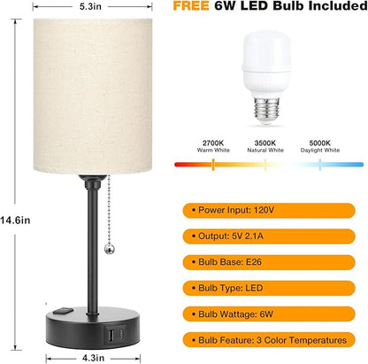 Beige Small Lamps 3 Levels Brightness - 3000K 4000K 5000K Bedside Lamps with USB C and A Ports, Pull Chain Table Lamps with AC Outlet, Nightstand Lamps with Black Metal Base for Bedroom Kids Reading