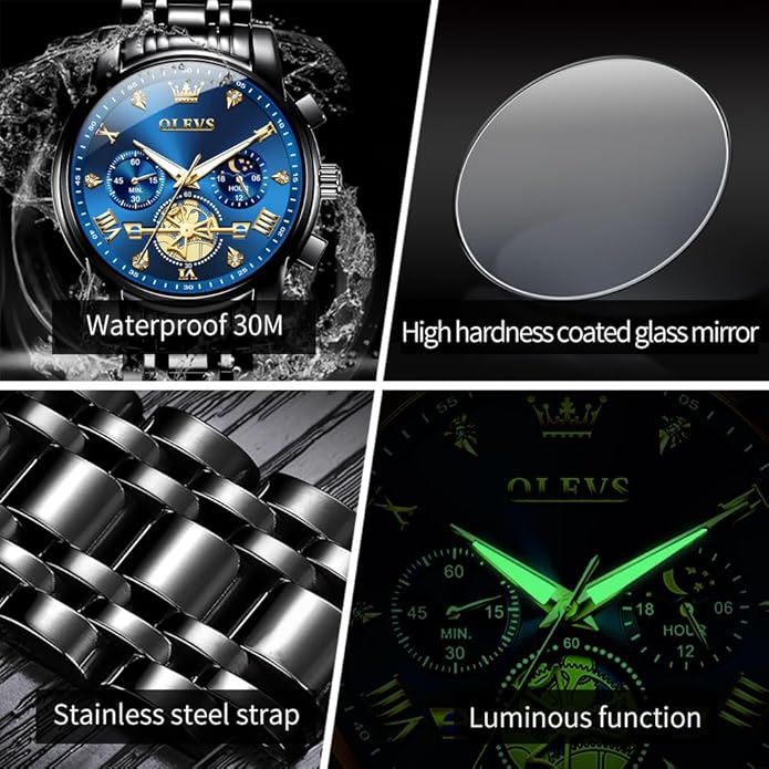 OLEVS Men Silver Watches,Men's Stainless Steel Chronograph Watch,Man Analog Quartz Big Face Male Watches Luxury Waterproof Roman Numeral Dress Diamond Relojes para Hombre