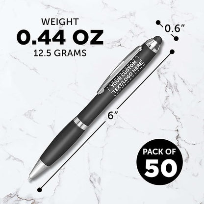 DISCOUNT PROMOS Custom Plastic Stylus Pens Set of 50, Personalized Bulk Pack - Black Ink, Great for Office, School, Business, Tradeshows, Events - Black
