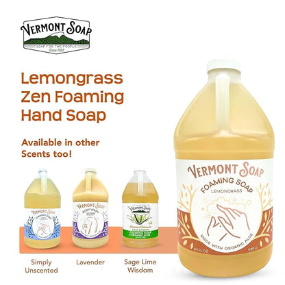 VERMONT SOAP Organic Lemongrass Zen Foaming Hand Soap - Natural Moisturizing Soap for Dry Skin - Fragrance Free Liquid Bathroom Hand Soap - Lemongrass Zen - 64 oz