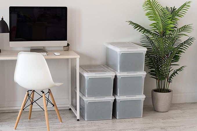 IRIS USA File Box File Organizer w/Hinged Split Latching Lid for Letter/Legal File, Water Resistant Document Box, BPA-Free, Plastic Storage Bin Tote Organizer, Stackable, Nestable, Clear 44 Qt. 5Pack