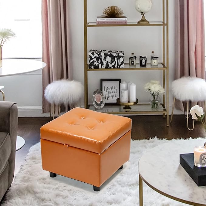 H&B Luxuries Tufted Leather Square Flip Top Storage Ottoman Cube Foot Rest