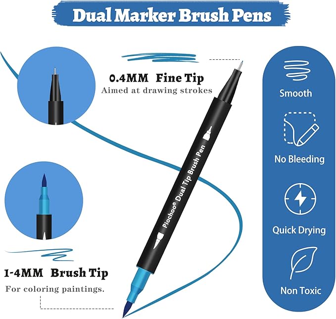 18 Colors Dual Tip Markers, Fine Point & Brush Tip for Adult Coloring Books, No Bleeding, Art Supplies