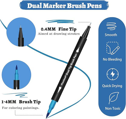 18 Colors Dual Tip Markers, Fine Point & Brush Tip for Adult Coloring Books, No Bleeding, Art Supplies