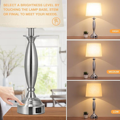 Beige Lamps for Bedrooms Set of 2 - Touch Control Bedside Lamp with USB C+A, 3 Way Dimmable Nightstand Lamps with USB Port, Table Lamp for Living Room(Beige Shade and Nickel Base)