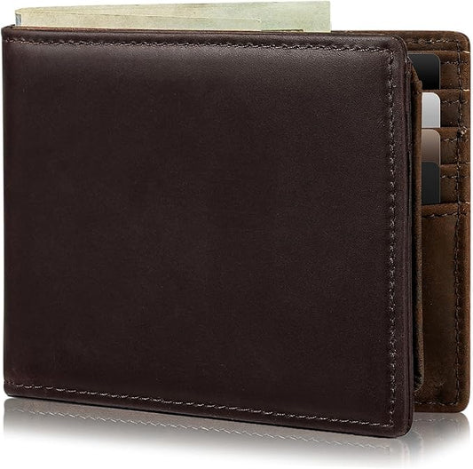 Mens Wallet Bifold Genuine Leather RFID Blocking Wallet for Men with 2 ID Windows 11 Card Holders 2 cash pockets 1 Gift Box