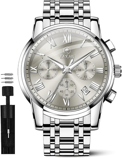 Mens Silver Watch Luxury Minimalist Dress Watch Classic Waterproof Watches for Men Analog Quartz Stainless Steel Men's Wrist Watches with Date Luminous Relojes para Hombres