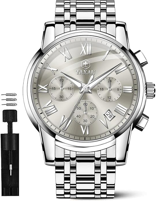 Mens Silver Watch Luxury Minimalist Dress Watch Classic Waterproof Watches for Men Analog Quartz Stainless Steel Men's Wrist Watches with Date Luminous Relojes para Hombres
