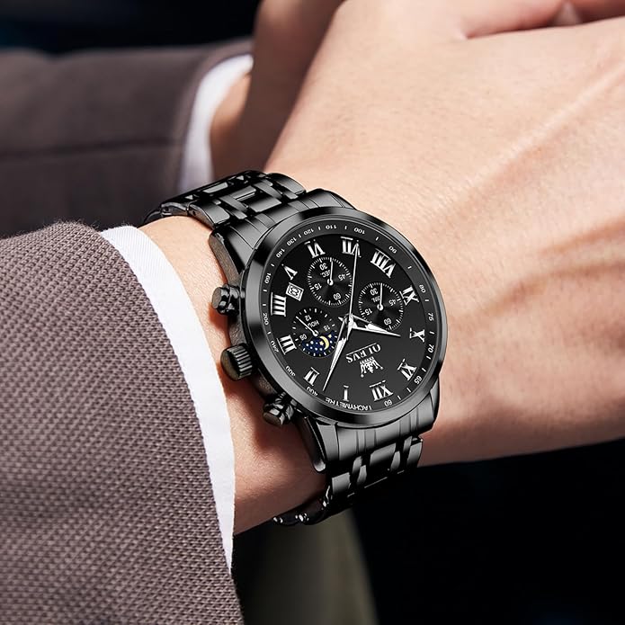 OLEVS Mens Stainless Steel Chronograph Watch, Big Face Roman Numerals Date Analog Quartz Dress Watches for Men, Fashion Multifunctional Waterproof Luminous Hands Men's Wristwatch