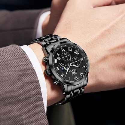 OLEVS Mens Stainless Steel Chronograph Watch, Big Face Roman Numerals Date Analog Quartz Dress Watches for Men, Fashion Multifunctional Waterproof Luminous Hands Men's Wristwatch
