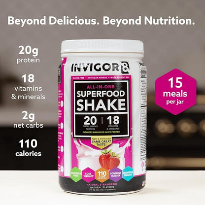 INVIGOR8 Superfood Grass Fed Whey Protein Isolate Shake Natural Strawberry Gluten-Free and Non GMO Meal Replacement with Probiotics and Omega 3 (645g)