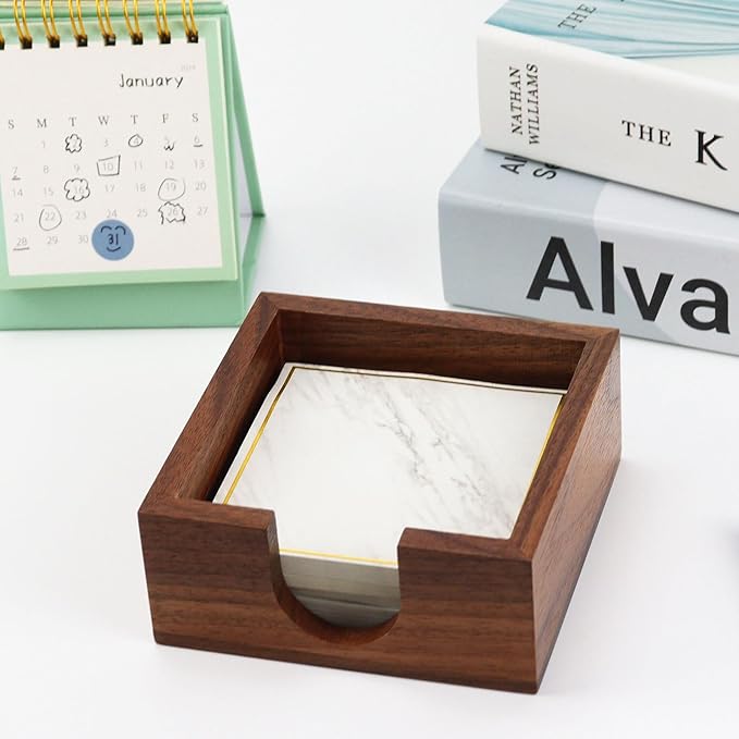 Buqoo Walnut Wooden Sticky Note Holder, Self Stick Note Holder Memo Pad Holder Dispenser Organizer, Post It Note Dispenser Cube Holder for 3 x 3 Sticky Notes for School Office Home Desk Accessories