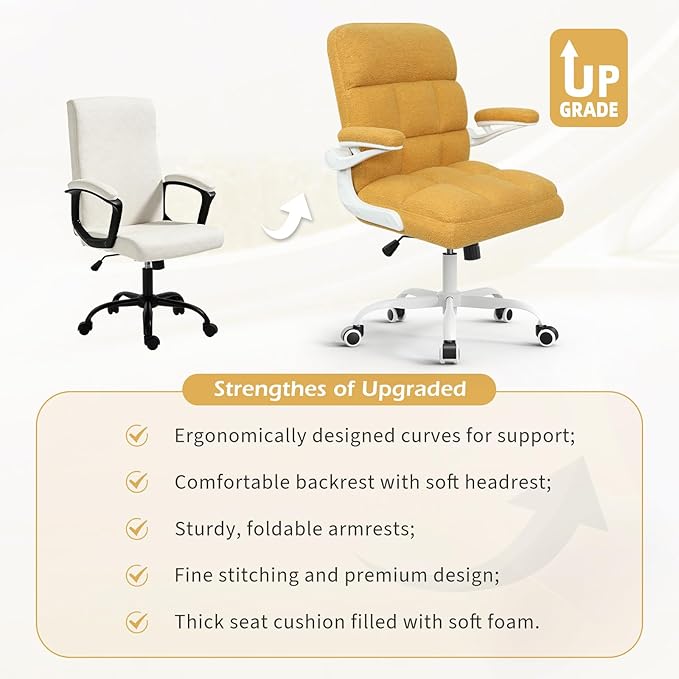Office Chair with Wheels, Ergonomic Home Office Desk Chair with Flip-up Armrest, Adjustable Rolling Computer Chair Teddy Fleece – Gold
