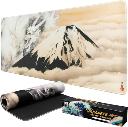 BELLEMOND Japanese Art Desk Mat | Large 31.5x11.8in Desk Pad | Mouse Pad for Keyboard & Mouse | Non-Slip Base, Water-Repellent, Smooth Precision | Guardian of Fuji