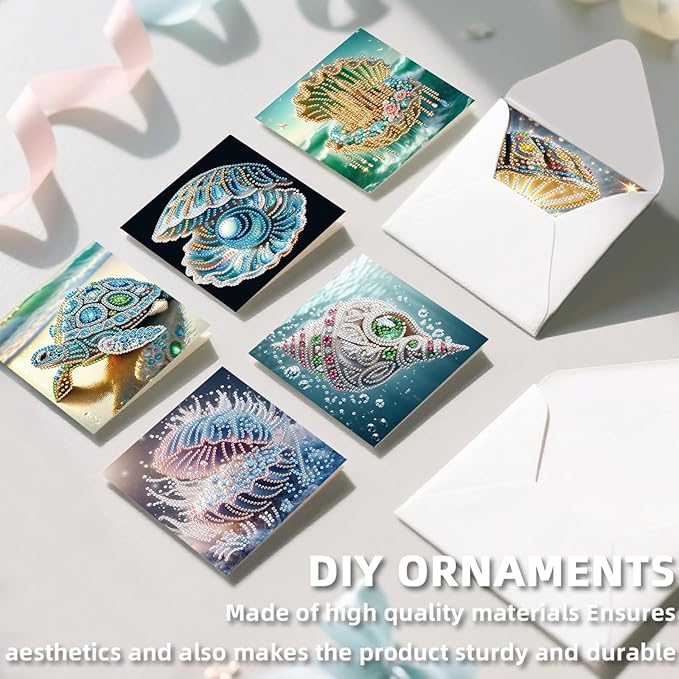 jinglinhh 12pcs Diamond Art Painting Beach Crab Seashell Conch Seaturtle Greeting Cards with Envelopes, DIY Card Making Kits for Adults, Diamond Art Postcards Christmas Cards Craft Gifts