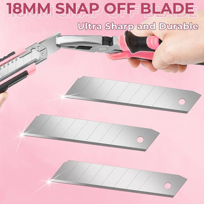3-Pack Box Cutter, 18mm Wide Blade Utility Knife Retractable, Pink Box Cutter with Quick Change Blade and Lanyard Hole Design, Exacto Knife Suitable for DIY, Office, Arts Crafts and Home