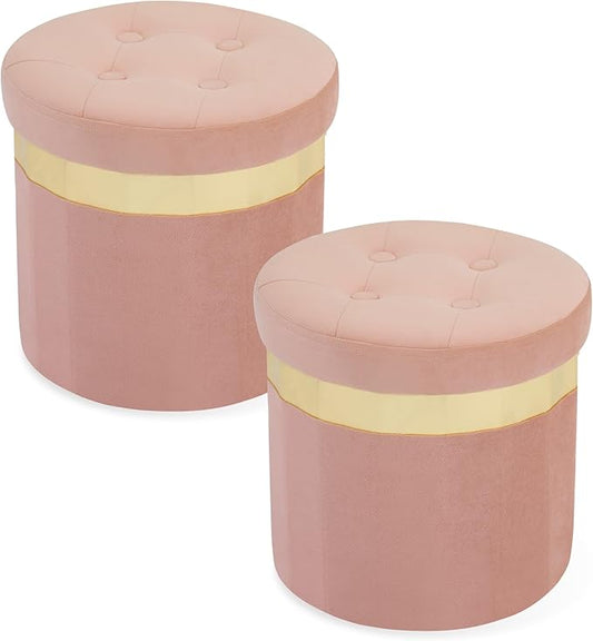 Small Ottoman with Storage,Folding Round Ottoman with Gold Trim,Velvet Storage Stool,Foot Stool with Soft Padded,Foot Rest for Living Room13“x13”x12.4(Pink,2pcs)