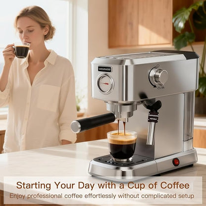 MEGAWISE Espresso Machine 20 Bar, Compact Stainless Steel Coffee Maker with Steam Milk Frother & Removable Tank for Cappuccino, Latte - Silver
