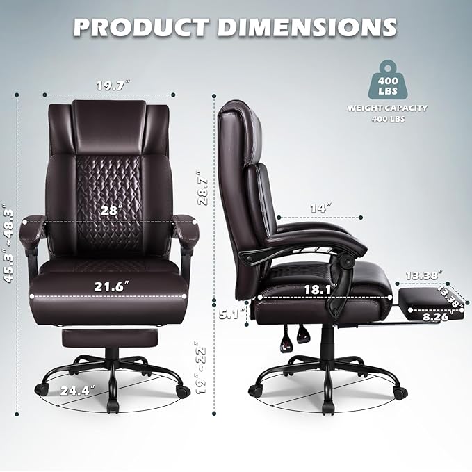 Big and Tall Office Chair with Foot Rest 400lbs, Heavy Duty Executive Leather Office Chair for Heavy People, Comfy High Back Ergonomic Office Desk Chair with Footrest and Lumbar Support, Brown