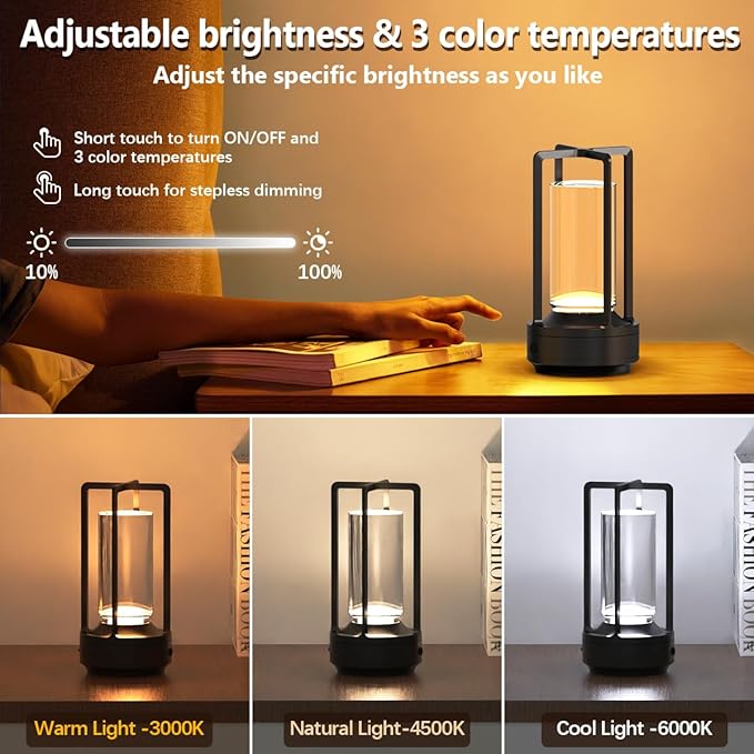 Cordless Portable Table Lamp Rechargeable for Indoor/Outdoor, 3000mAh Small Battery Powered Operated Lights, 3 Color Modes Dimmable Waterproof, LED Desk Lamp for Restaurant/Bedroom/Camping (Black)