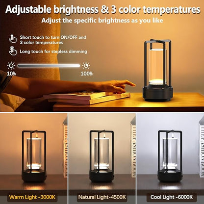 Cordless Portable Table Lamp Rechargeable for Indoor/Outdoor, 3000mAh Small Battery Powered Operated Lights, 3 Color Modes Dimmable Waterproof, LED Desk Lamp for Restaurant/Bedroom/Camping (Black)