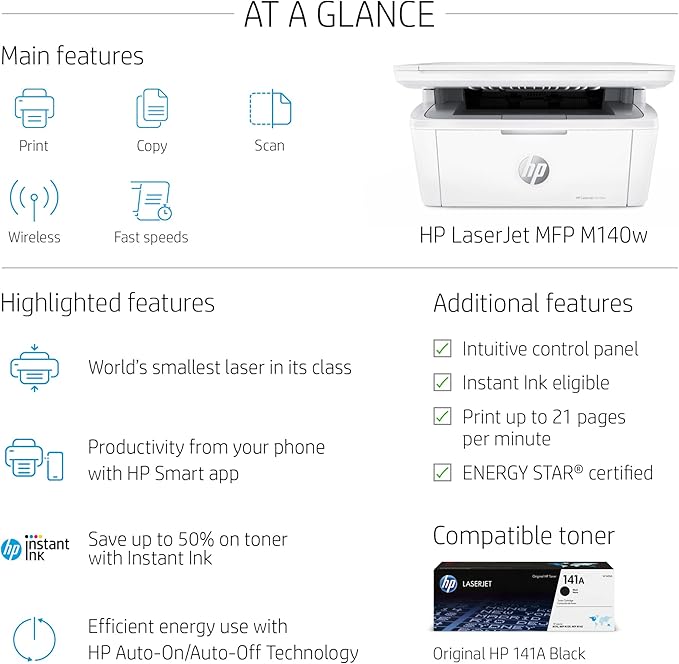HP Laserjet MFP M140w Wireless Monochrome All-in-One Printer, Copier, Scanner, Phone, Tablet, for Home, Office Use, Easy Setup, Auto-On/Off Technology Compact White 7MD72F (Renewed)