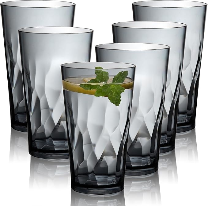 Unbreakable Plastic Drinking Glasses, Set of 6, Shatterproof Drinking Cups, Plastic glass cup,16 oz plastic Tumbler Cups,Dishwasher Safe (Grey)
